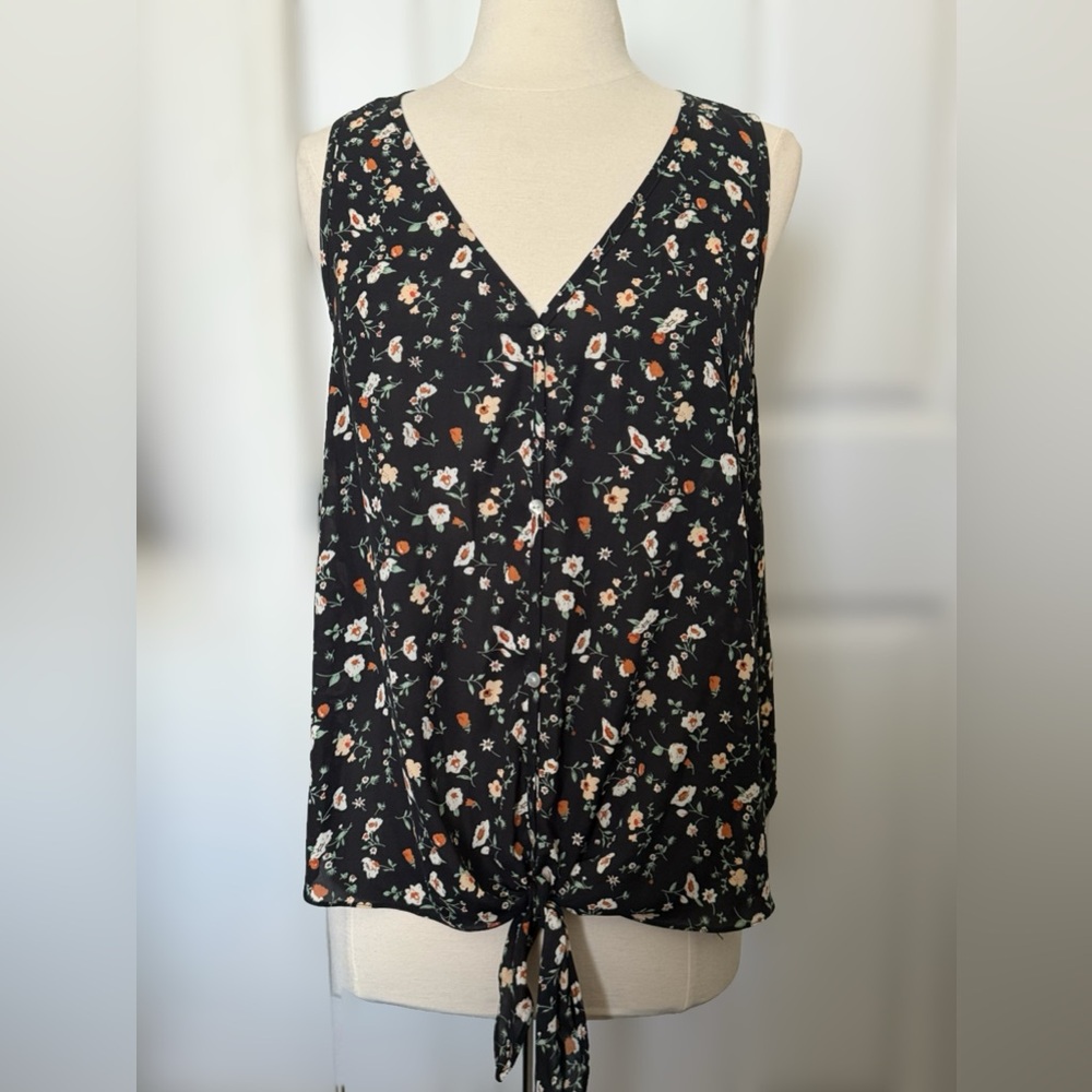 ACOA Black Floral Cottagecore Tie-Front Tank Top Blouse Size XL